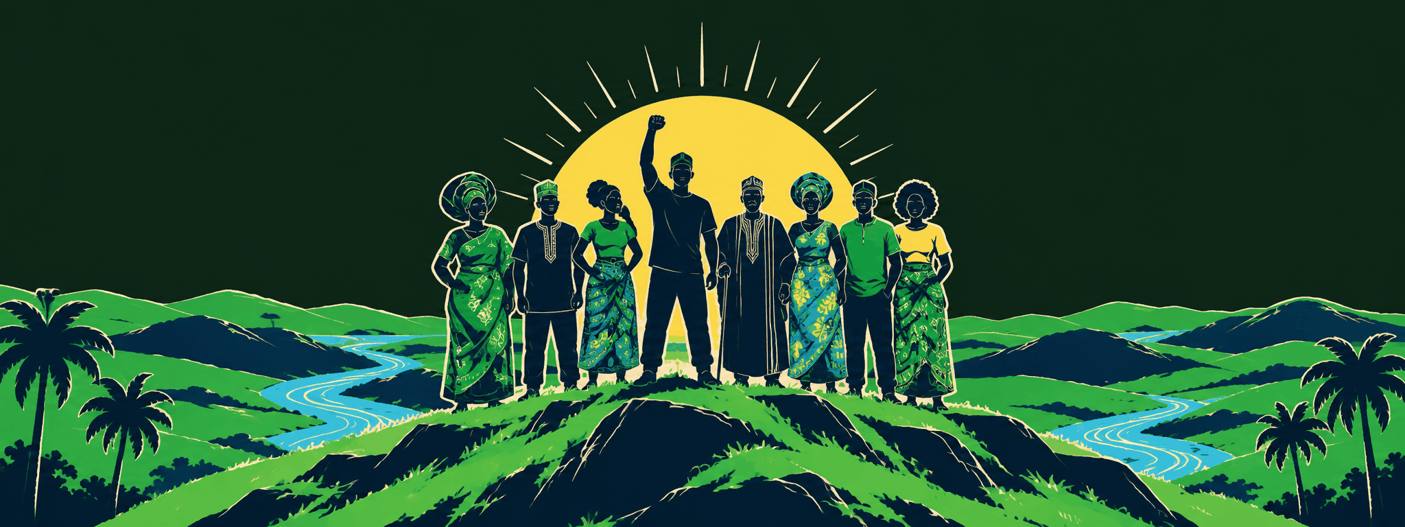 A group of Nigerians standing together on a hilltop at sunset, one raising a fist