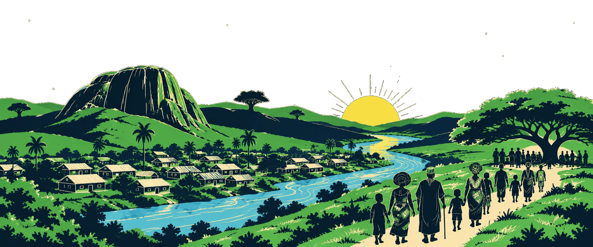 A Nigerian landscape of hills, palms and a river at sunset, with a community walking together
